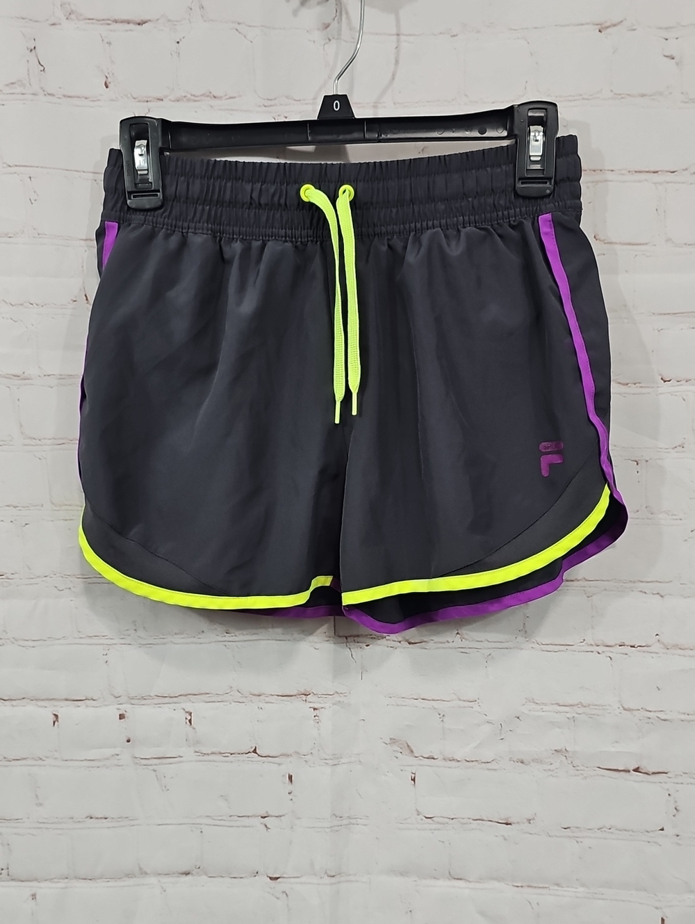 Fila Black Athletic Shorts with Neon Yellow Drawstring & Purple Trim